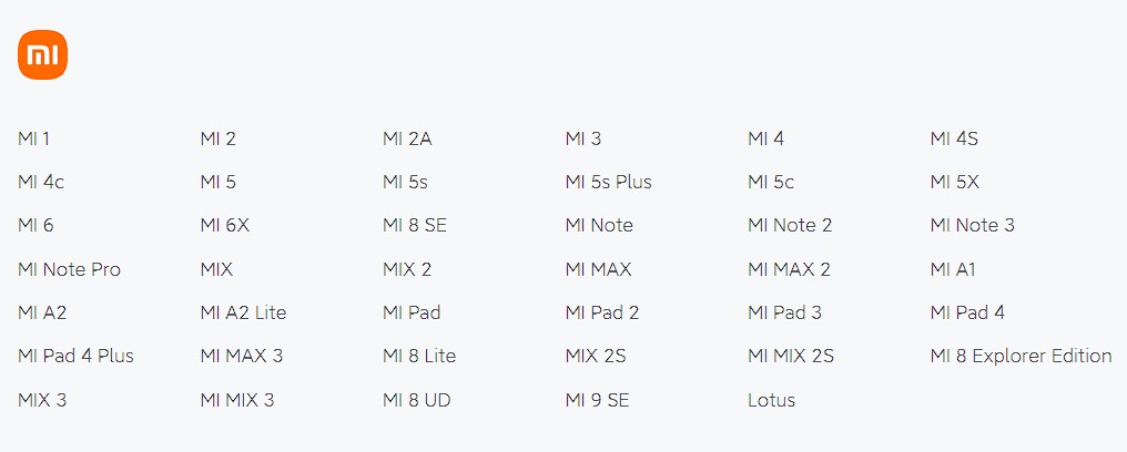 Xiaomi: list of devices that are no longer supported